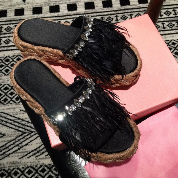 

chevron raffia sandals new summer 2020 comfortable flat toe square head rhinestone slippers with original box size 34-40, Black
