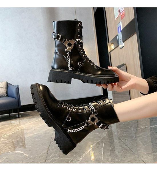

boots 2021 spring and autumn ladies fashion all-match thick-soled motorcycle lace-up ankle british style, Black