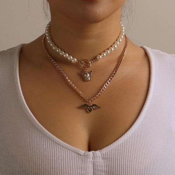 

pendant necklaces imitation pearls choker alloy angel heart necklace for women clavicle chains layered 2021 fashion jewelry, Silver