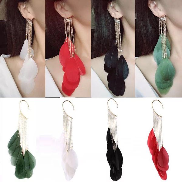 

bohemia feather earrings long chain tassel single side ear hook dangle chandelier earings clip red blue black sale 20pcs lot, Silver