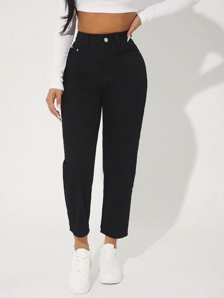 

petite high waist mom cropped jeans p1io#, Blue