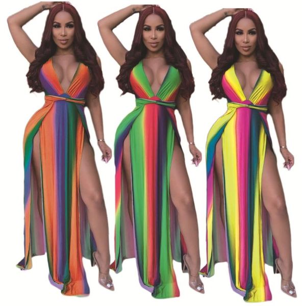 

casual dresses deep v neck bohemian maxi dress floor length gradient striped printed side split fit and flare rainbow vestidos largos, Black;gray