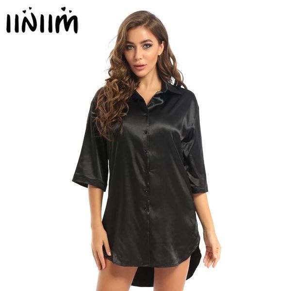 

women soft satin loose pyjamas shirts sleepwear 3/4 sleeve boyfriend style turndown collar nightgowns sleepshirt loungedress women's, Black;red