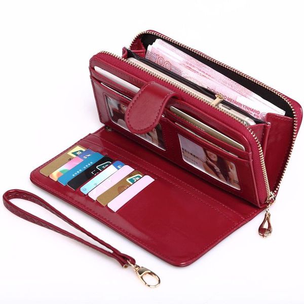 

wallets women clutch leather wallet female long zipper purse strap money bag for iphone lady coin purses, Red;black