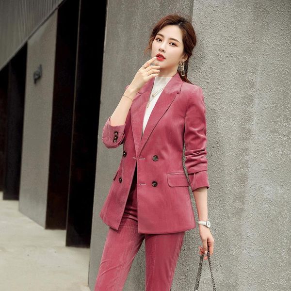 

winter fall slim corduroy ladies suit with pant uniform two piece set women business long style blazer and trouser suits women's pants, White