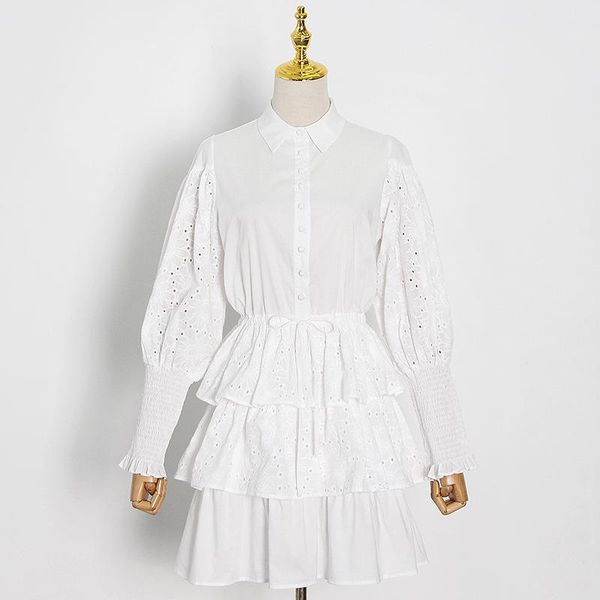 

casual dresses female mini for women lapel puff long sleeve high waist hollow out white dress fashion clothing, Black;gray