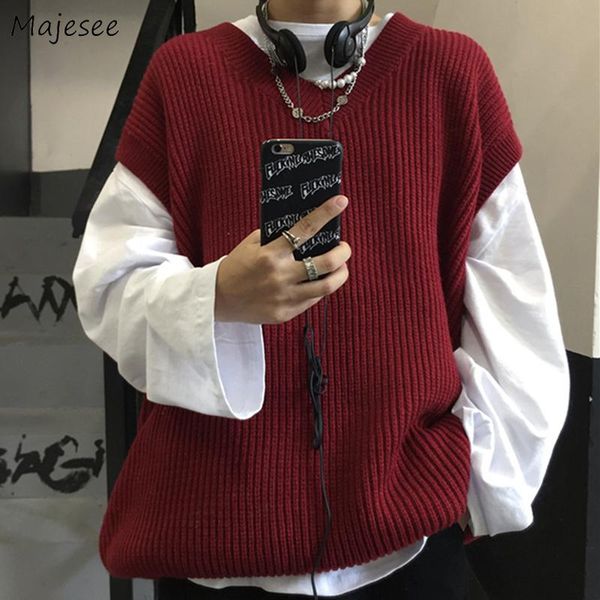 

men sweater vest vintage solid teens simple baggy knitwear sleeveless trendy ulzzang couple oversized streetwear all-match ins men's ve, Black;white