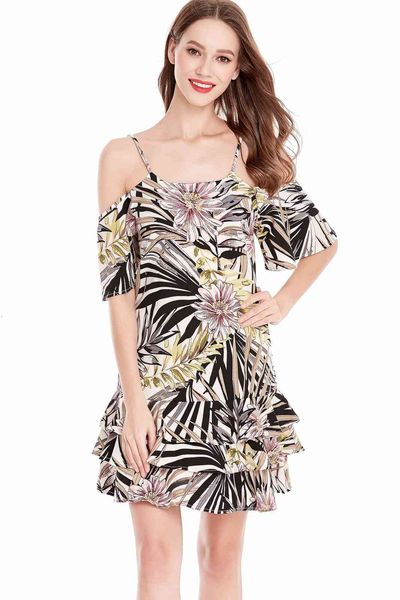 

new women off-the-shoulder falbala printing gallus dresses backless sleeveless fashionable style popular and fresh, Black;gray