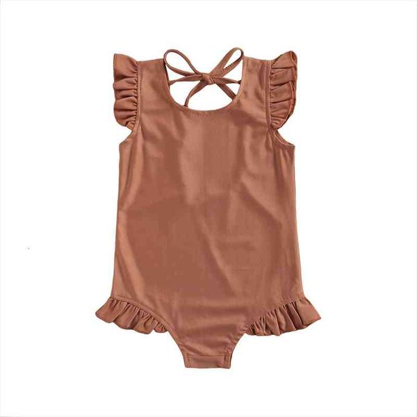 

1 6y summer toddler girls one piece swimwear solid ruffles short sleeve backless bikini 4, White