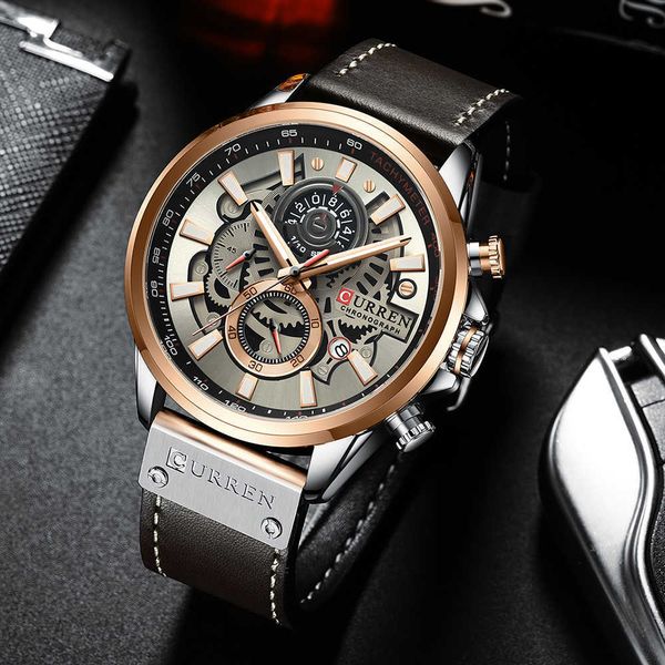 

curren watch for men brand watches leather strap wristwatch fashion chronograph sport quartz clock male gift 210728, Slivery;brown
