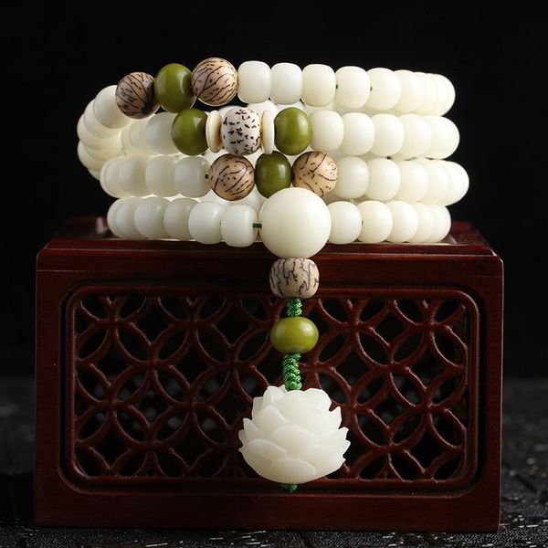 

beaded, strands white bodhi hand string bracelet 108 rosary buddhist beads lotus pendant literary jewelry gifts for lovers or friends, Black