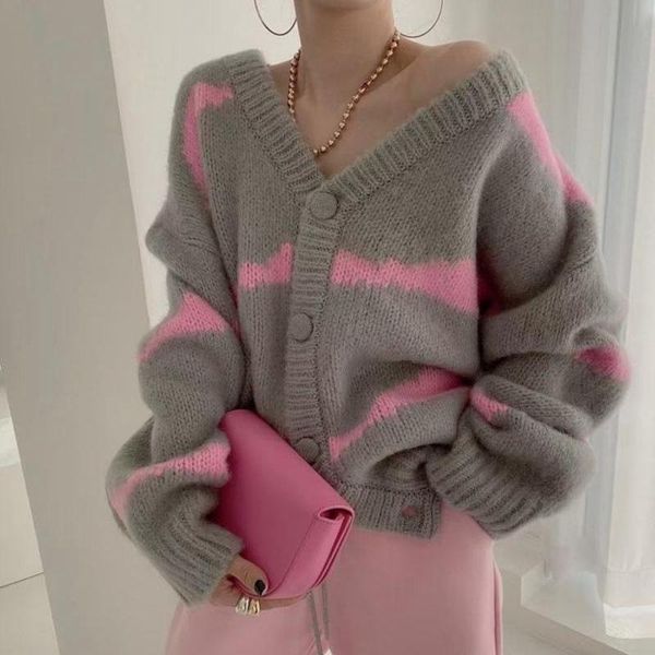

women's knits & tees 2021 autumn winter fashion striped cardigan knitted coats loose hit color v-neck single-breasted female sweater, White