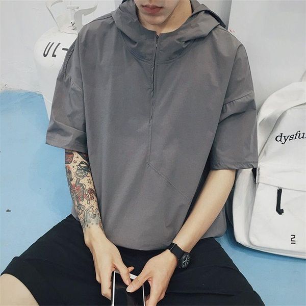 

men's hoodies & sweatshirts 2021 summer hooded hoodie loose couple short-sleeved style trendy gray korean fashion, Black