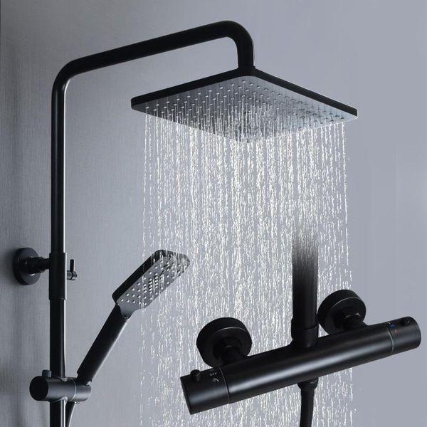 

thermostatic shower set black bathroom faucet bathtub mixer tap rainfall head brass system sets