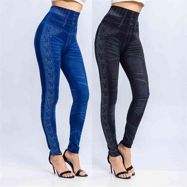 

imitation denim women legging push up seamless high waist warm jeans side printed hip raising capris jeggings pants, Black