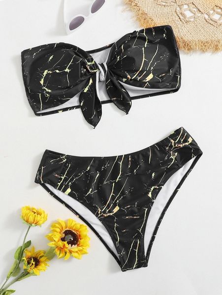 

plus marble print knot bandeau bikini swimsuit l74e#, Black