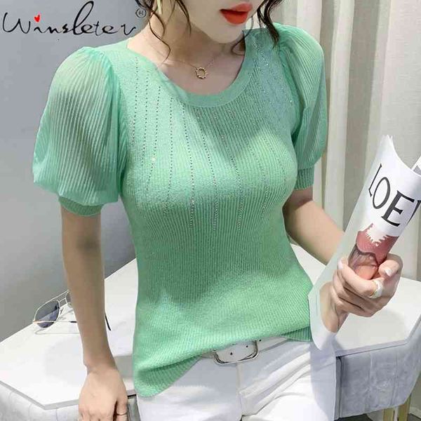 

women's t-shirt summer korean clothes knitted pullover shiny diamonds women patchwork chiffon puff sleeve tees t14027a 7, White