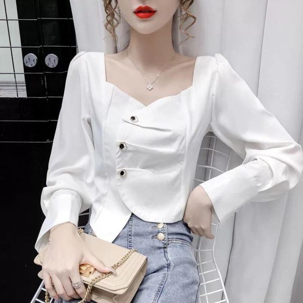

women's blouses & shirts women 2021 spring autumn vintage square collar short female casual long sleeve fashion elegant ladies a725, White