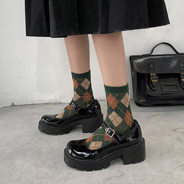 

dress shoes women patent leather mary janes ladies platform square high heel buckle female thick bottom solid fashion footwear, Black