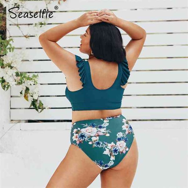 

seaselfie plus size tank high waist bikini sets women large size teal floral ruffled two pieces swimsuit swimming suit, White;black
