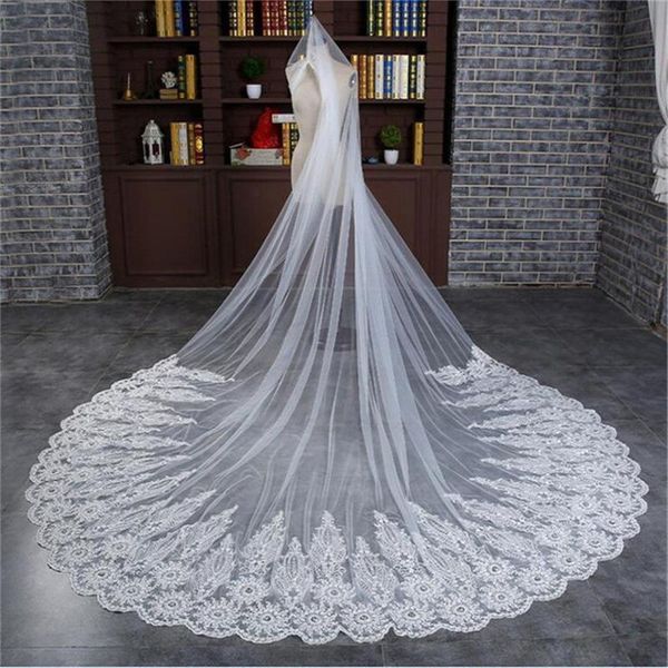

bridal veils fantastic long women wedding one layer veil with comb lace appliques 3m head cathedral, Black