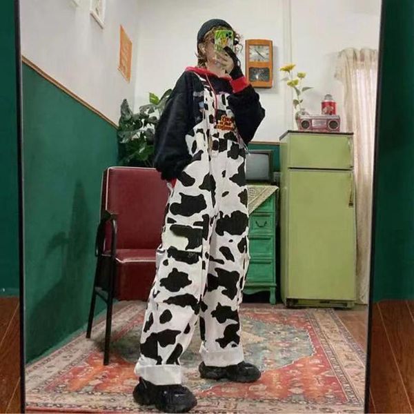 

women's jeans woman hip hop street jumpsuits cow patchwork overalls summer korean student style casual wide leg pants loose trousers, Blue