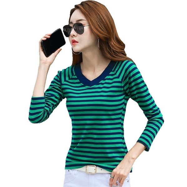 

t-shirt women shirts long sleeve autumn casual shirt striped female t shirts women's cotton camisa feminina 210426, White