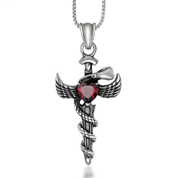 

pendant necklaces 100% stainless steel vintage titanium casting angel sword necklace with red hazel stone, Silver