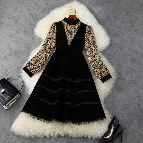 

dresses european and american women's wear winter style long - sleeved standneck with leopard print fashionable velvet dress p34u, Black;gray