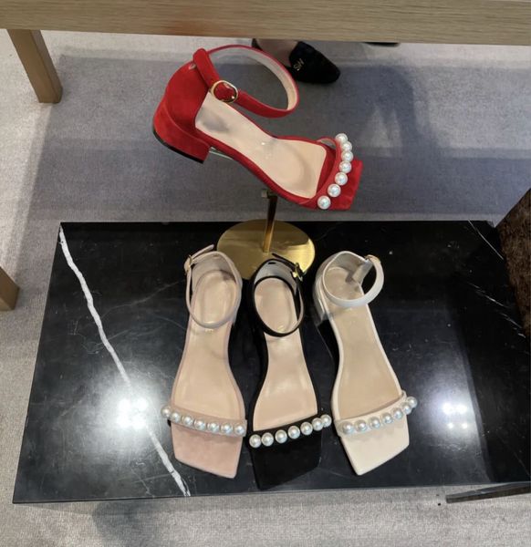 

s pearl sandals women summer flat bottom 2021 new fairy style versatile one word buckle square head thick medium heel shoes zlh, Black