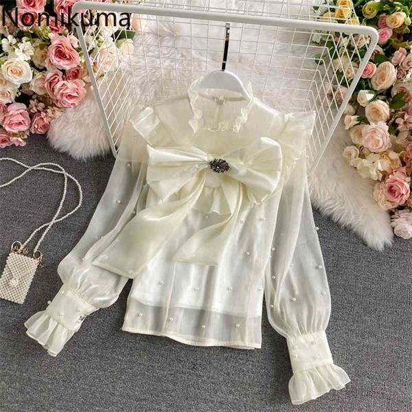 Korobov Chiffon Camiseta Mulheres New Stand Colar Curva Bonita Ruffle Manga Comprida Basic Blusa Pérola Design Elegant Tops Blusas 210430