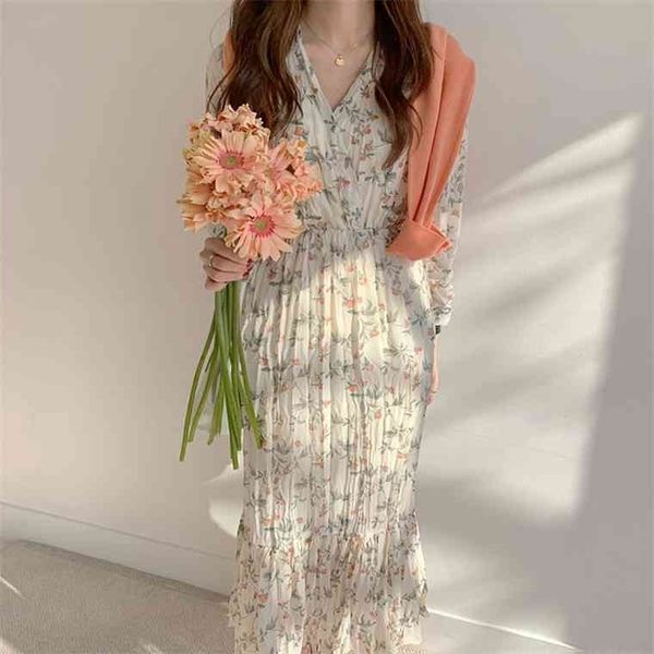 

bgteever elegant ruched floral print women autumn dress v-neck full sleeve female long dresses 2021 spring chiffon vestidos, Black;gray