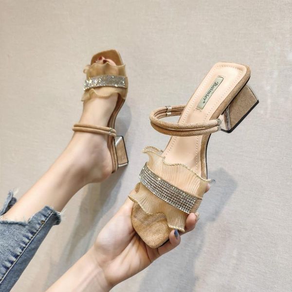 

shoes women slippers casual glitter slides pantofle low square heel soft luxury jelly 2021 block rubber fashion hoof heels, Black
