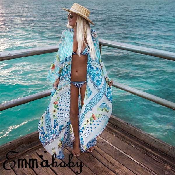 

sarongs 2021 boho print chiffon beach cover up tunics for long kaftan bikini robe de plage sarong swimsuit, Blue;gray