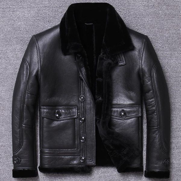 

men's leather & faux genuine jacket winter coat men sheep shearling motorcycle flight wool lining sheepskin u-m803, Black