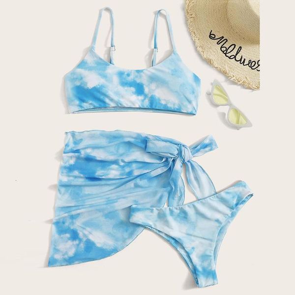 

women's swimwear filled bra bikini set three piece swimsuit women tie-dye brazilian bow-knot bathing suit summer beachwearjg3, White;black