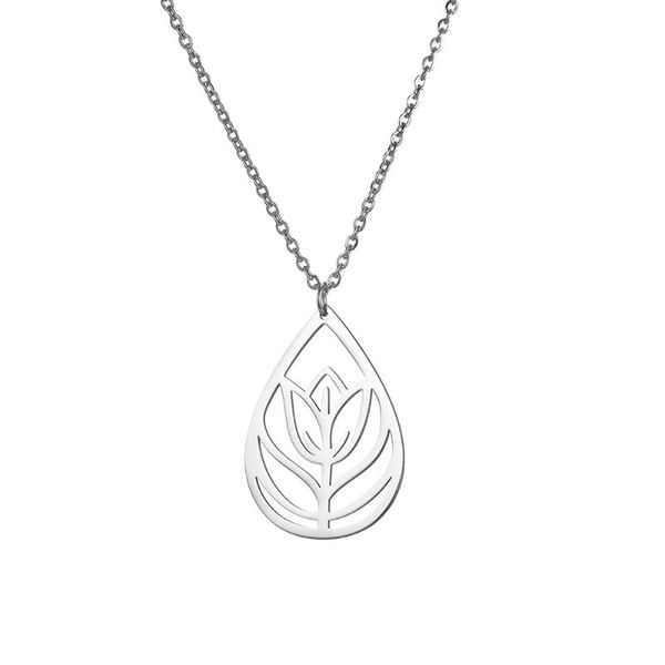 

pendant necklaces fashion geometrical hollow out waterdrop flower pattern stainless steel colour choker necklace for women, Silver