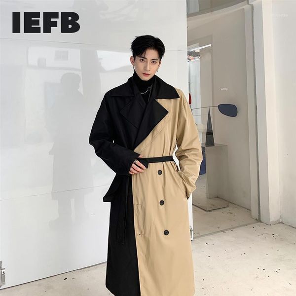 

loose clothing personality long patchwork windbreaker with belt male design coat hit color oversize men's trech clot hoodies & sweatsh, Black