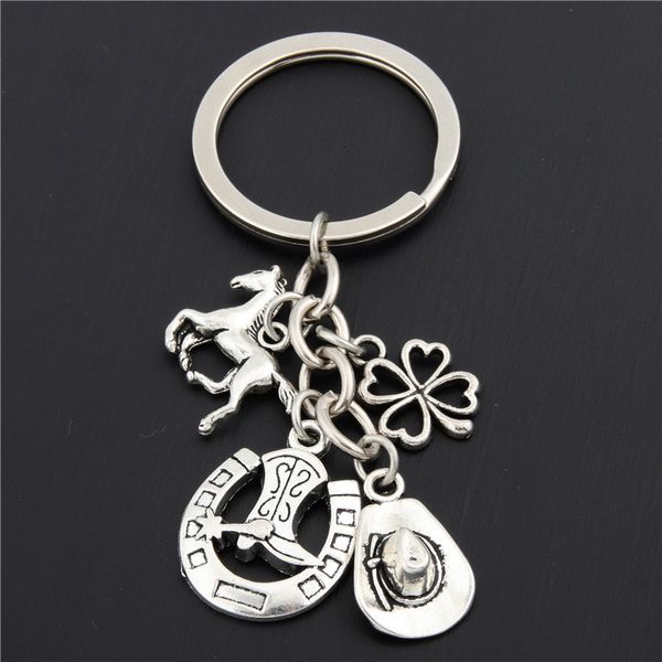 

1pc clover charms boot keychain cowboy hat keyring with horseshoe pendant jewelry cowboy gift e1660, Silver