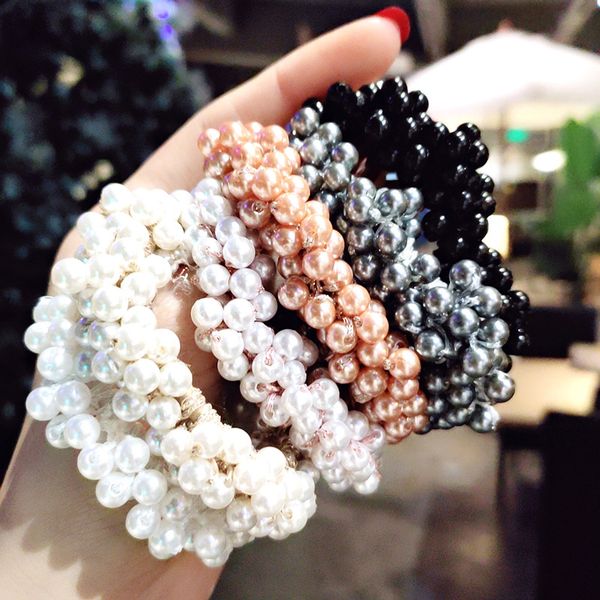 

korea dongdaemun ins japanese korean version of simple pearl beaded hand-woven head rope rubber band hair tie female, Slivery;white