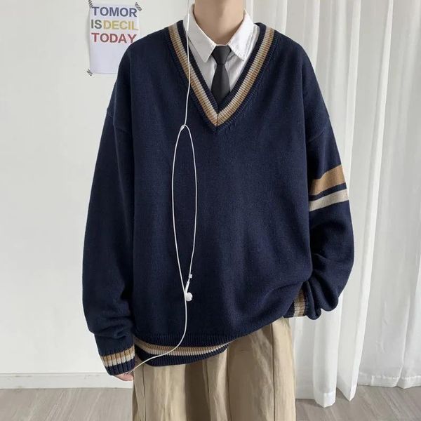 

men's sweaters preppy style v-neck sweater oversized clothes 2021 autumn korean fashion harajuku pullover loose thick trend, White;black