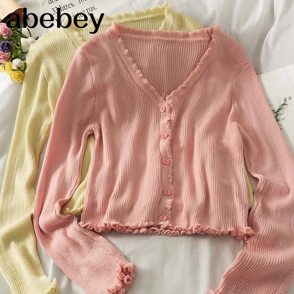 

women's knits & tees sweet v-neck long sleeve knitted cardigan edible tree edge single breasted solid short sweater 2021 spring a, White