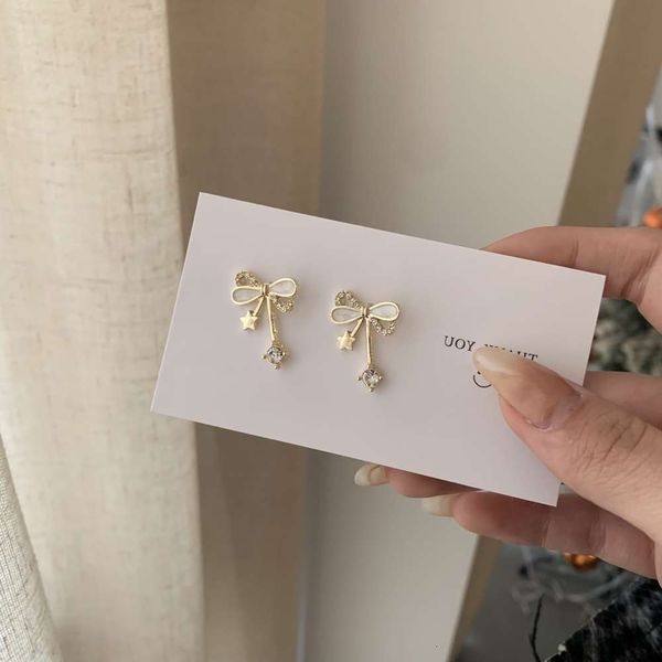 

earrings s925 silver needle sweet korean style bowknot simple temperament, diamond trendy art earrings, ear accessories, Golden