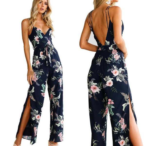 

women's jumpsuits & rompers mlcriyg fashion print womens jumpsuit deep v neck summer ladies blue split wide leg sleeveless floral back, Black;white