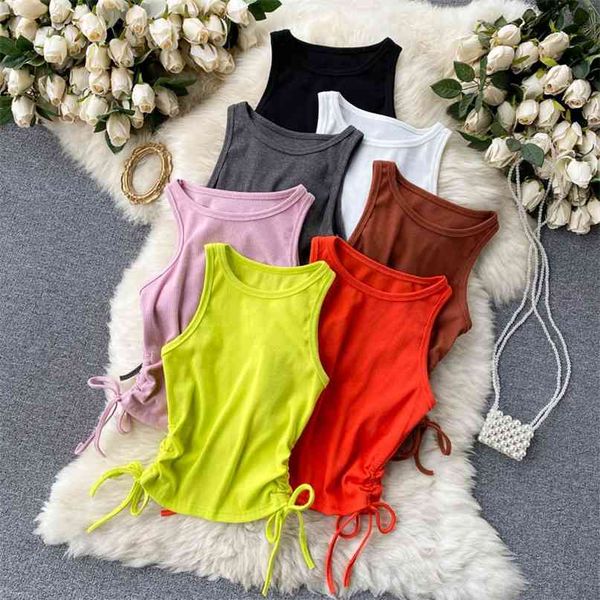 

ins summer women cropped tank solid color o-neck sleeveless drawstring lace-up slim fit knitted vest s 210603, White