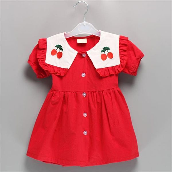 

summer girls button decoration girl dress navy wind lapel embroidered party princess childrens kids clothing, Red;yellow