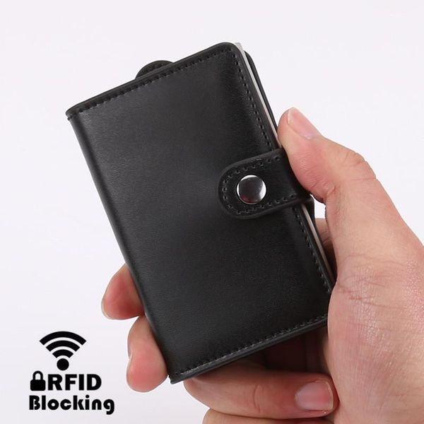 

card holders 2021 anti rfid holder case men pu leather id bank with aluminium alloy box wallet bag, Brown;gray