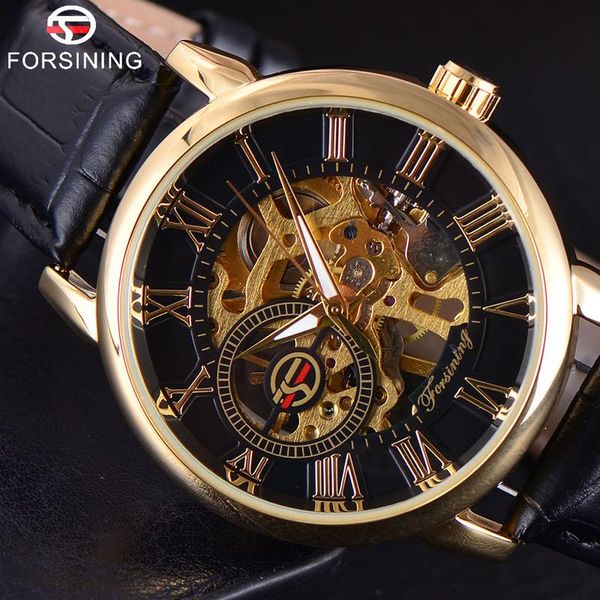 

logo mens wrist watch men luxury gold clock skeleton hand wind mechanical watches sport military army clocks gift wristwatches, Slivery;brown