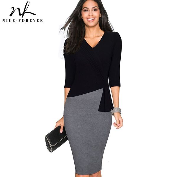 

nice-forever mature elegant v-neck vestidos wiggle work dress office bodycon 3/4 sleeve sheath women business dress b333 210419, White