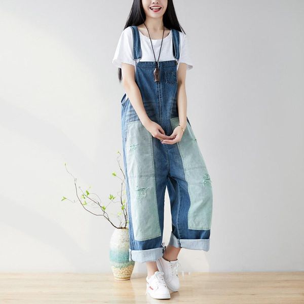 

fairynatural ladies retro patchwork corduroy jumpsuits loose original women casual denim cotton 2021 spring overalls women's & rompers, Black;white